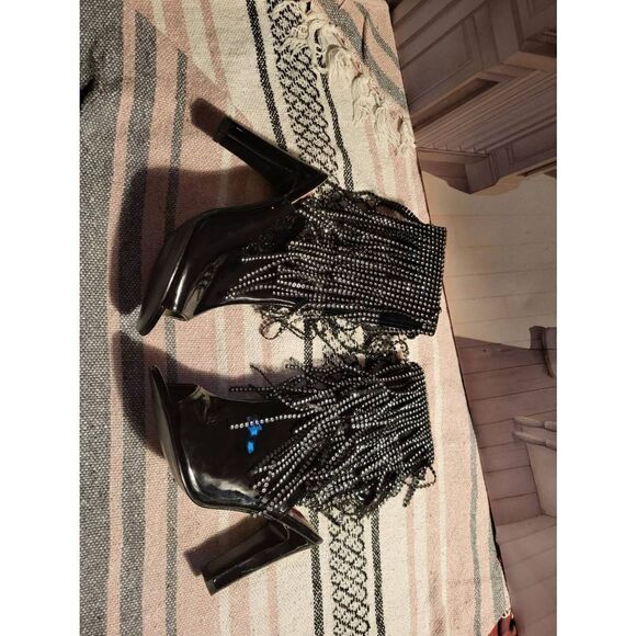 Open toe black silver fringe Pleaser sz 10 booties new - Picture 2 of 5